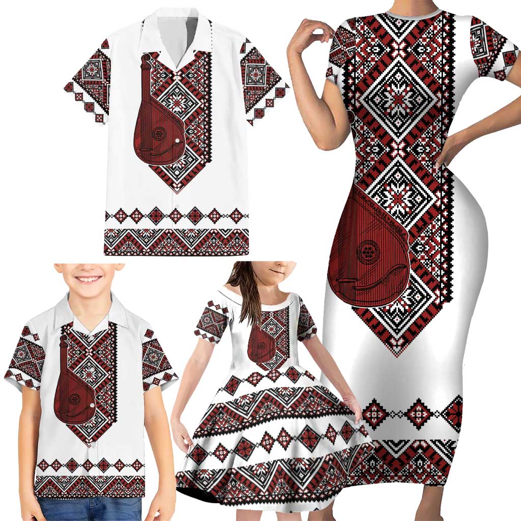 Ukraine Bandura Vyshyvanka Pattern Family Matching Short Sleeve Bodycon Dress and Hawaiian Shirt Ukrainian Heritage Folk White Version