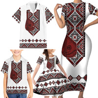 Ukraine Bandura Vyshyvanka Pattern Family Matching Short Sleeve Bodycon Dress and Hawaiian Shirt Ukrainian Heritage Folk White Version