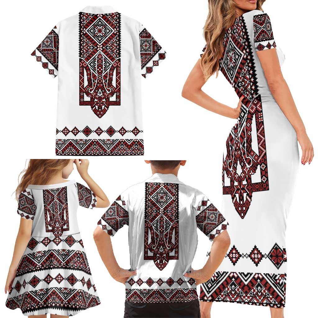 Ukraine Bandura Vyshyvanka Pattern Family Matching Short Sleeve Bodycon Dress and Hawaiian Shirt Ukrainian Heritage Folk White Version