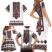Ukraine Bandura Vyshyvanka Pattern Family Matching Short Sleeve Bodycon Dress and Hawaiian Shirt Ukrainian Heritage Folk White Version