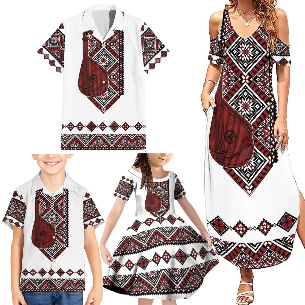 Ukraine Bandura Vyshyvanka Pattern Family Matching Summer Maxi Dress and Hawaiian Shirt Ukrainian Heritage Folk White Version