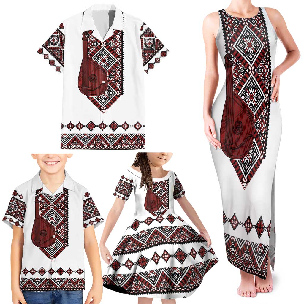 Ukraine Bandura Vyshyvanka Pattern Family Matching Tank Maxi Dress and Hawaiian Shirt Ukrainian Heritage Folk White Version