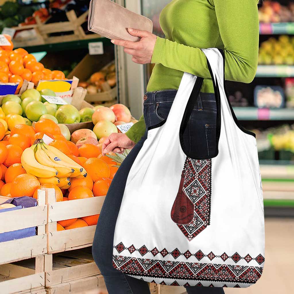 Ukraine Bandura Vyshyvanka Pattern Grocery Bag Ukrainian Heritage Folk White Version - Wonder Print Shop