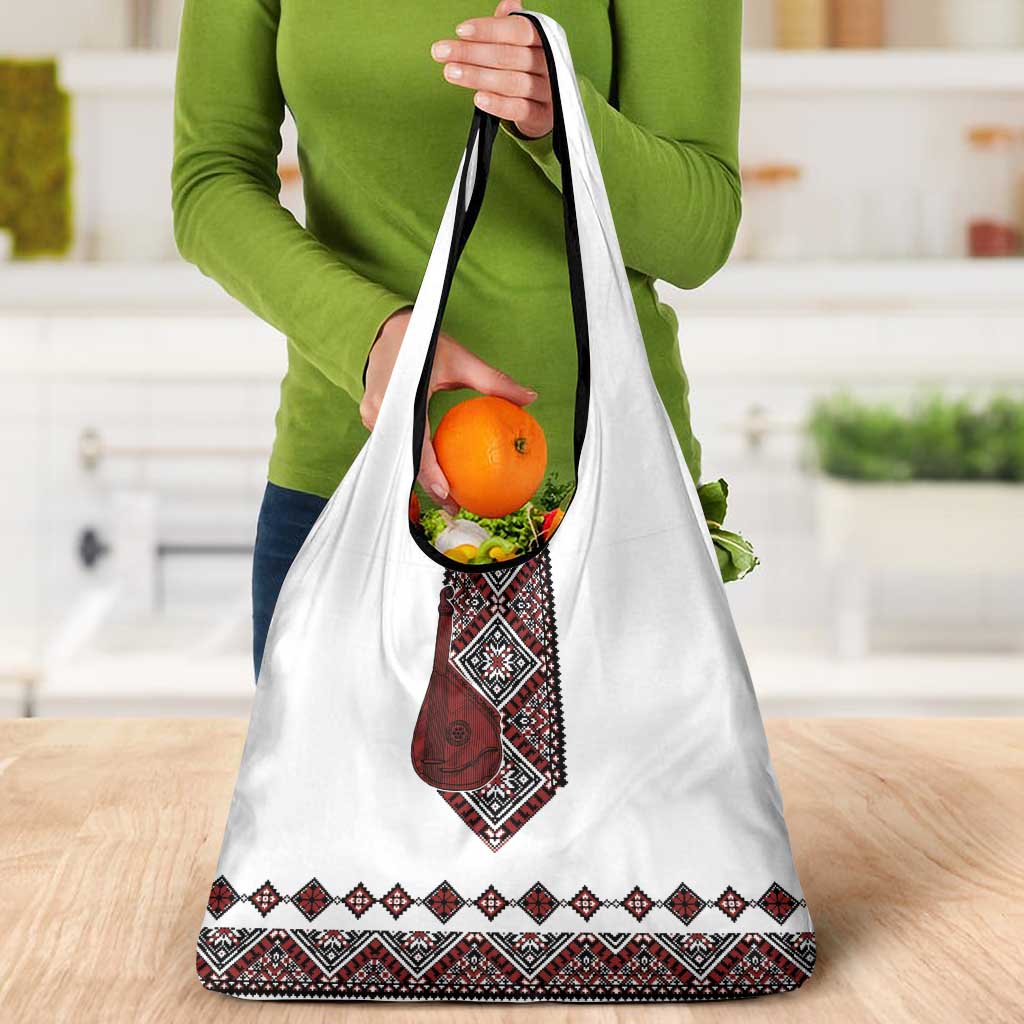 Ukraine Bandura Vyshyvanka Pattern Grocery Bag Ukrainian Heritage Folk White Version - Wonder Print Shop