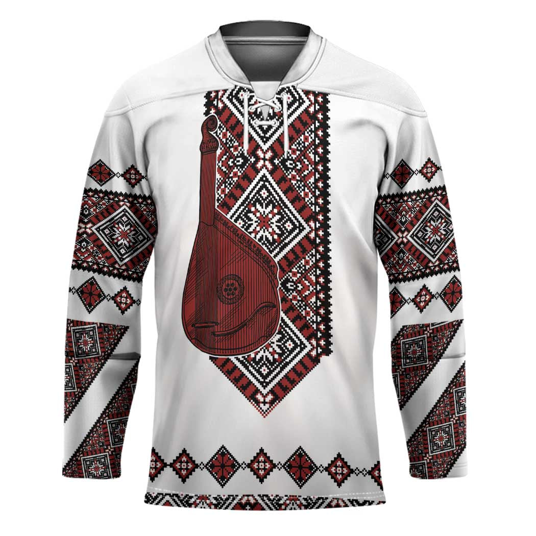 Ukraine Bandura Vyshyvanka Pattern Hockey Jersey Ukrainian Heritage Folk White Version - Wonder Print Shop