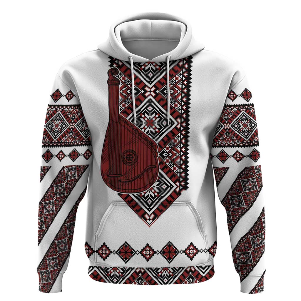 Ukraine Bandura Vyshyvanka Pattern Hoodie Ukrainian Heritage Folk White Version - Wonder Print Shop