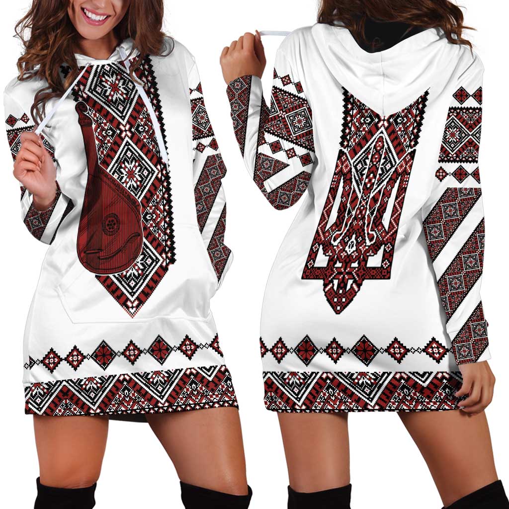 Ukraine Bandura Vyshyvanka Pattern Hoodie Dress Ukrainian Heritage Folk White Version - Wonder Print Shop