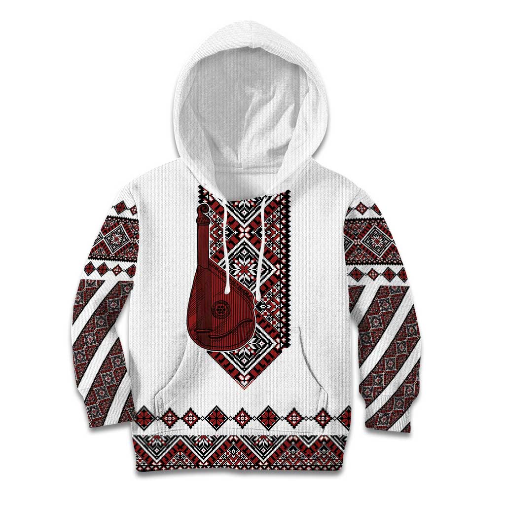 Ukraine Bandura Vyshyvanka Pattern Kid Hoodie Ukrainian Heritage Folk White Version - Wonder Print Shop