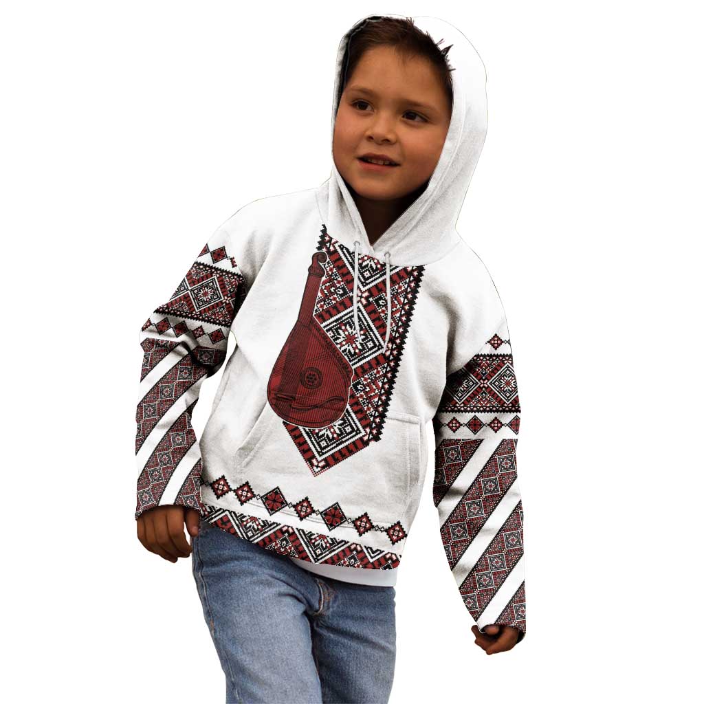 Ukraine Bandura Vyshyvanka Pattern Kid Hoodie Ukrainian Heritage Folk White Version - Wonder Print Shop