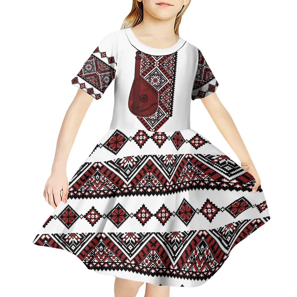 Ukraine Bandura Vyshyvanka Pattern Kid Short Sleeve Dress Ukrainian Heritage Folk White Version - Wonder Print Shop