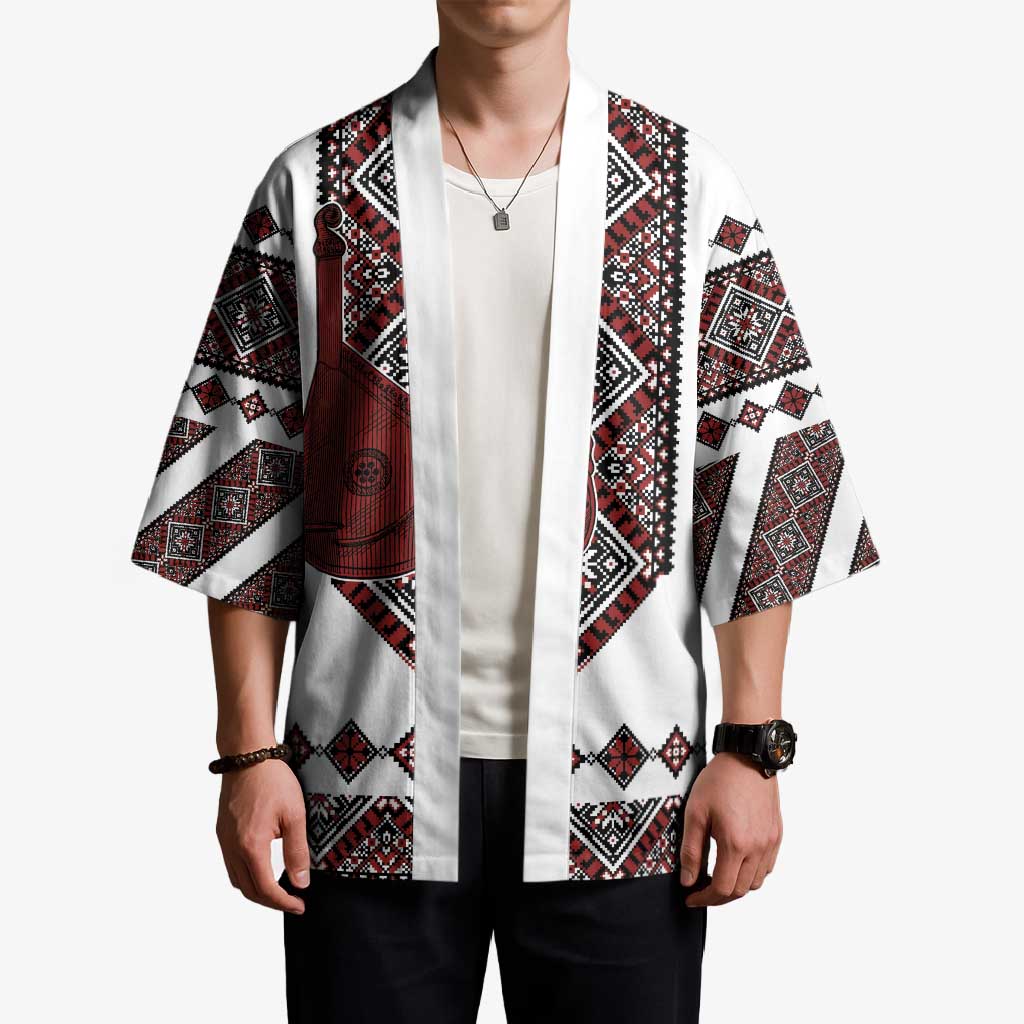 Ukraine Bandura Vyshyvanka Pattern Kimono Ukrainian Heritage Folk White Version - Wonder Print Shop