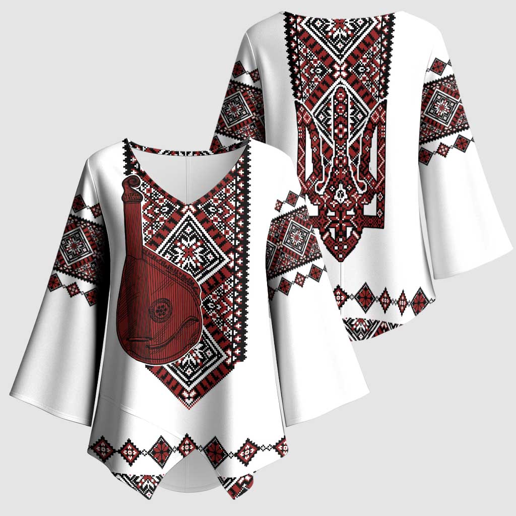 Ukraine Bandura Vyshyvanka Pattern Kimono Sleeve Blouse Ukrainian Heritage Folk White Version - Wonder Print Shop