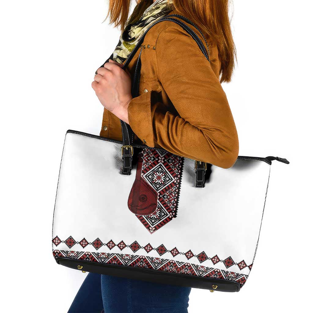 Ukraine Bandura Vyshyvanka Pattern Leather Tote Bag Ukrainian Heritage Folk White Version - Wonder Print Shop