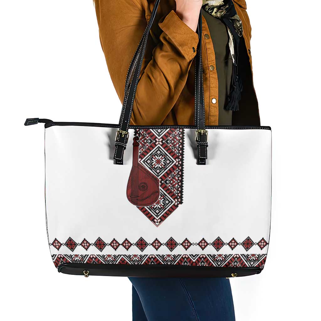 Ukraine Bandura Vyshyvanka Pattern Leather Tote Bag Ukrainian Heritage Folk White Version - Wonder Print Shop