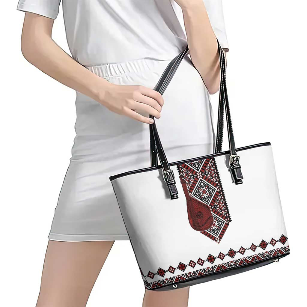 Ukraine Bandura Vyshyvanka Pattern Leather Tote Bag Ukrainian Heritage Folk White Version - Wonder Print Shop