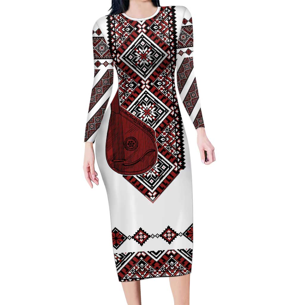 Ukraine Bandura Vyshyvanka Pattern Long Sleeve Bodycon Dress Ukrainian Heritage Folk White Version - Wonder Print Shop
