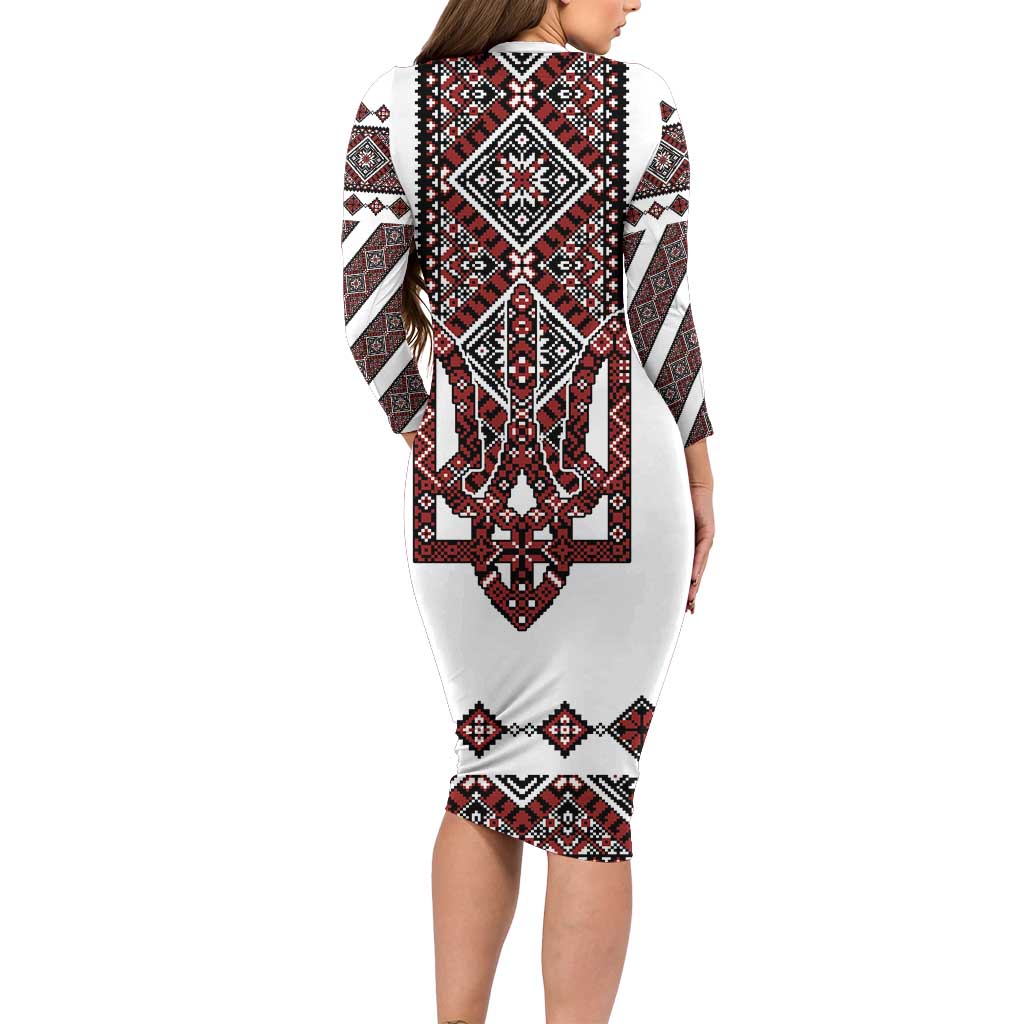 Ukraine Bandura Vyshyvanka Pattern Long Sleeve Bodycon Dress Ukrainian Heritage Folk White Version - Wonder Print Shop