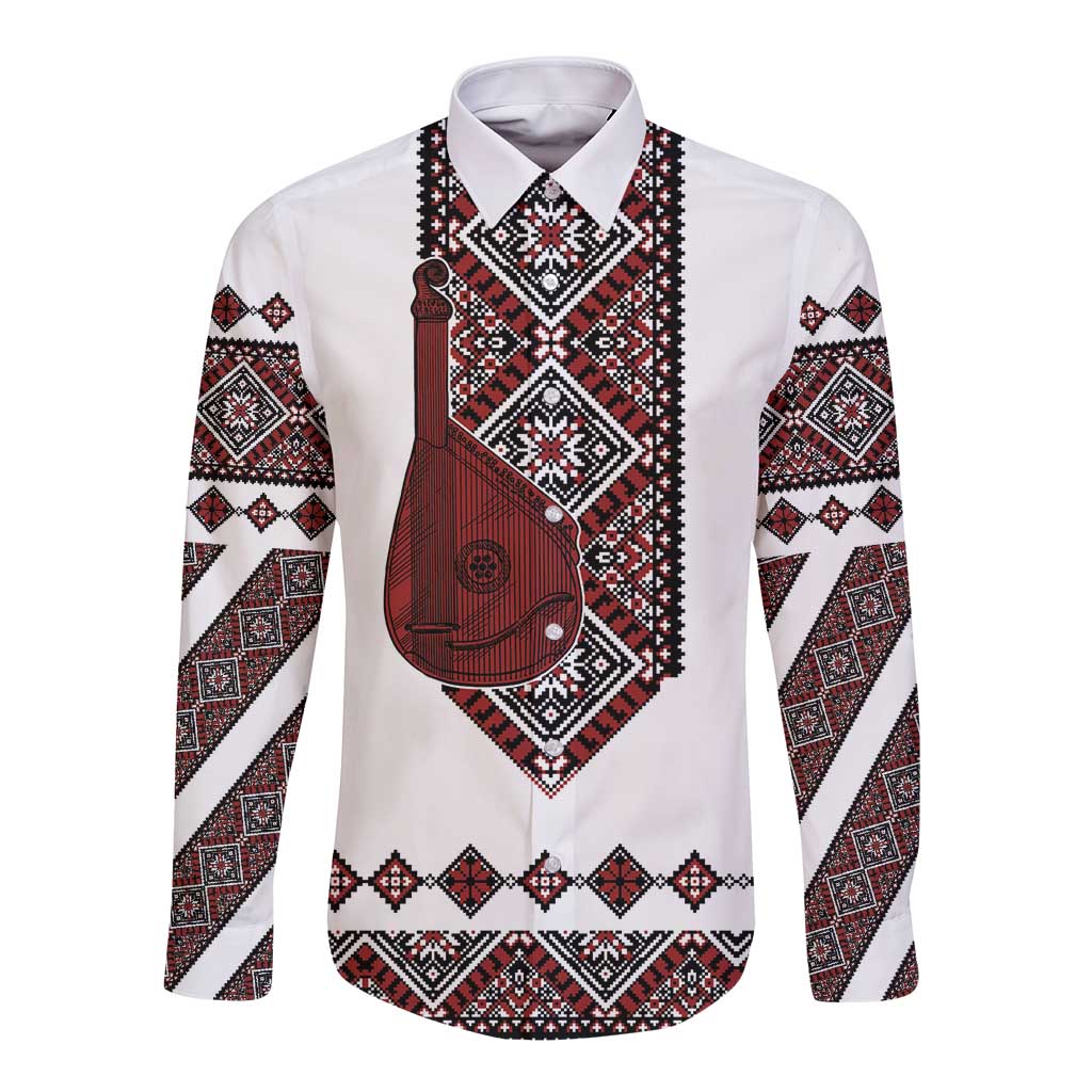 Ukraine Bandura Vyshyvanka Pattern Long Sleeve Button Shirt Ukrainian Heritage Folk White Version - Wonder Print Shop