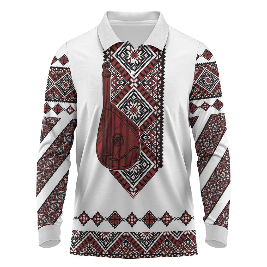 Ukraine Bandura Vyshyvanka Pattern Long Sleeve Polo Shirt Ukrainian Heritage Folk White Version - Wonder Print Shop
