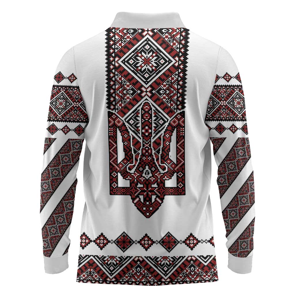 Ukraine Bandura Vyshyvanka Pattern Long Sleeve Polo Shirt Ukrainian Heritage Folk White Version - Wonder Print Shop