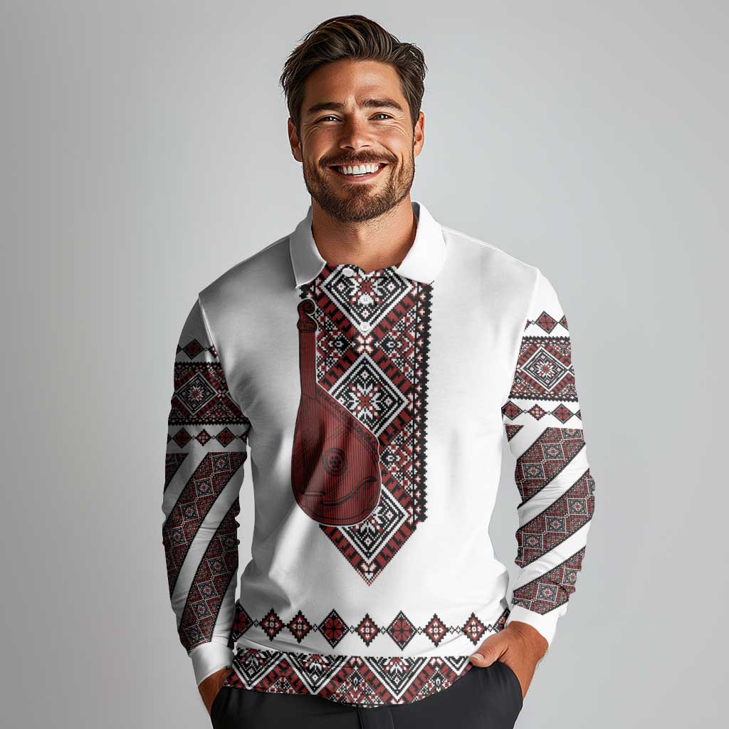 Ukraine Bandura Vyshyvanka Pattern Long Sleeve Polo Shirt Ukrainian Heritage Folk White Version - Wonder Print Shop