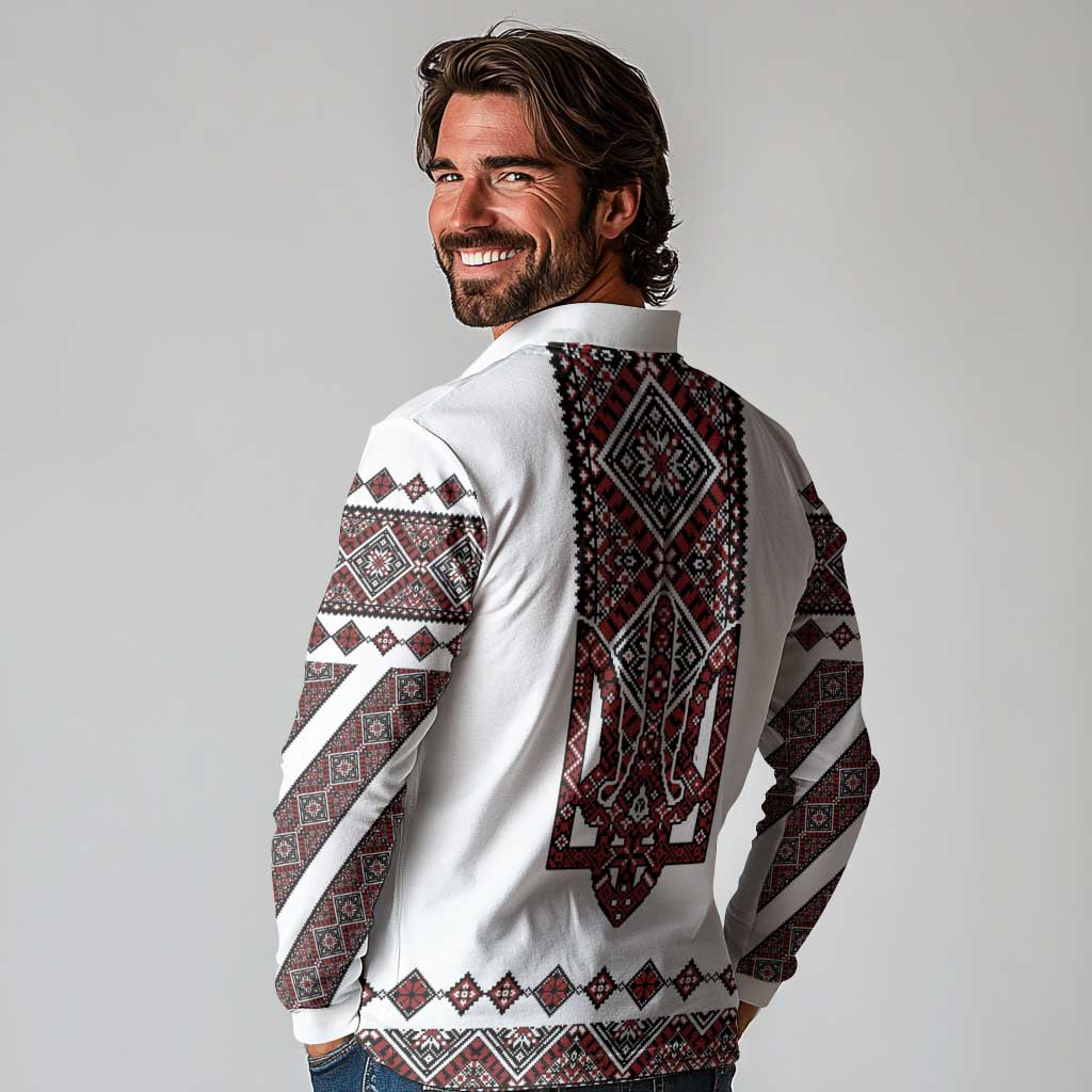 Ukraine Bandura Vyshyvanka Pattern Long Sleeve Polo Shirt Ukrainian Heritage Folk White Version - Wonder Print Shop