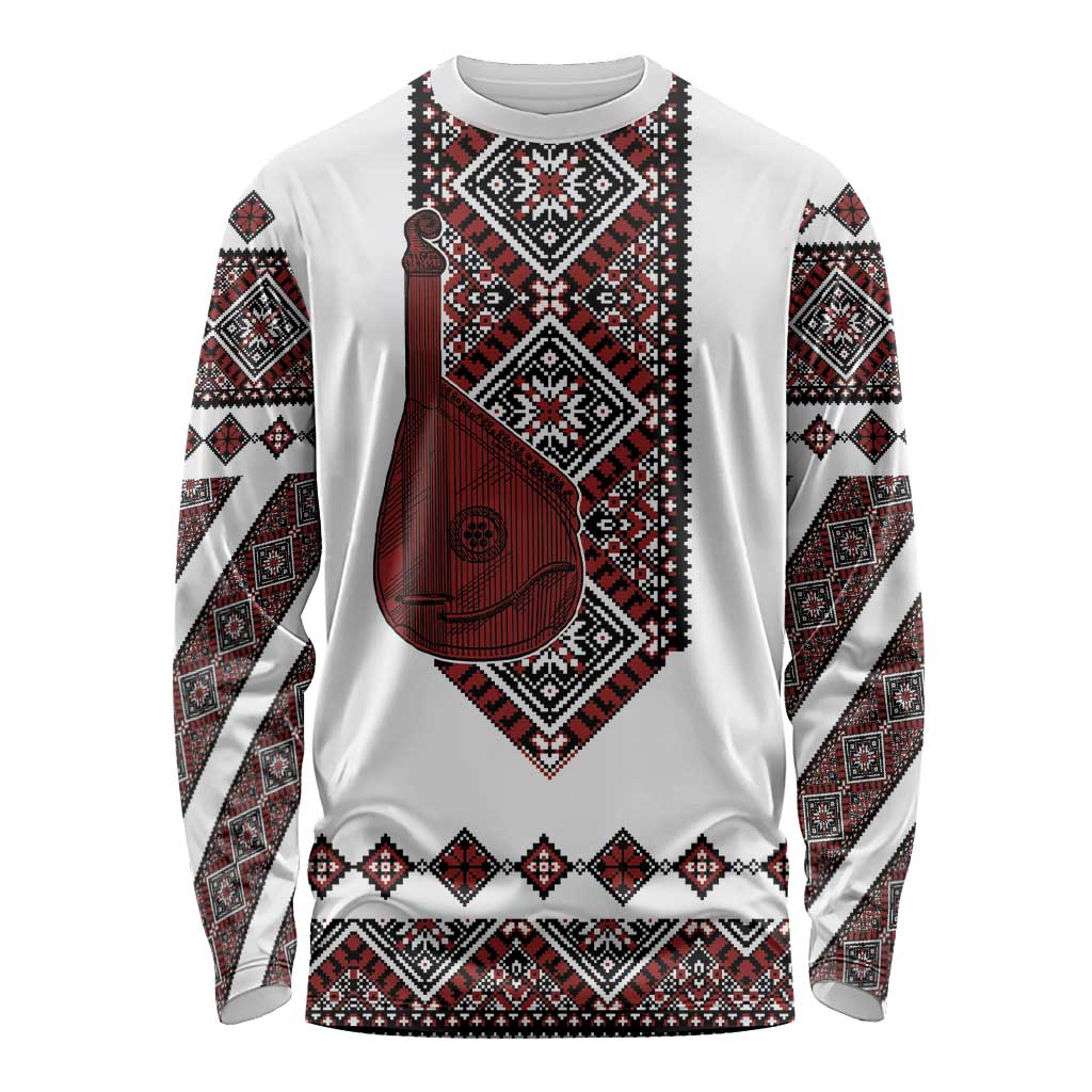 Ukraine Bandura Vyshyvanka Pattern Long Sleeve Shirt Ukrainian Heritage Folk White Version - Wonder Print Shop