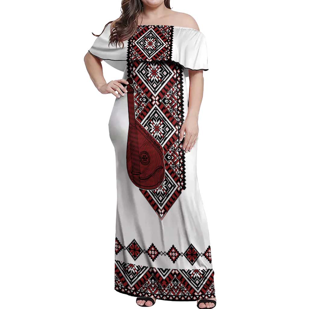 Ukraine Bandura Vyshyvanka Pattern Off Shoulder Maxi Dress Ukrainian Heritage Folk White Version - Wonder Print Shop