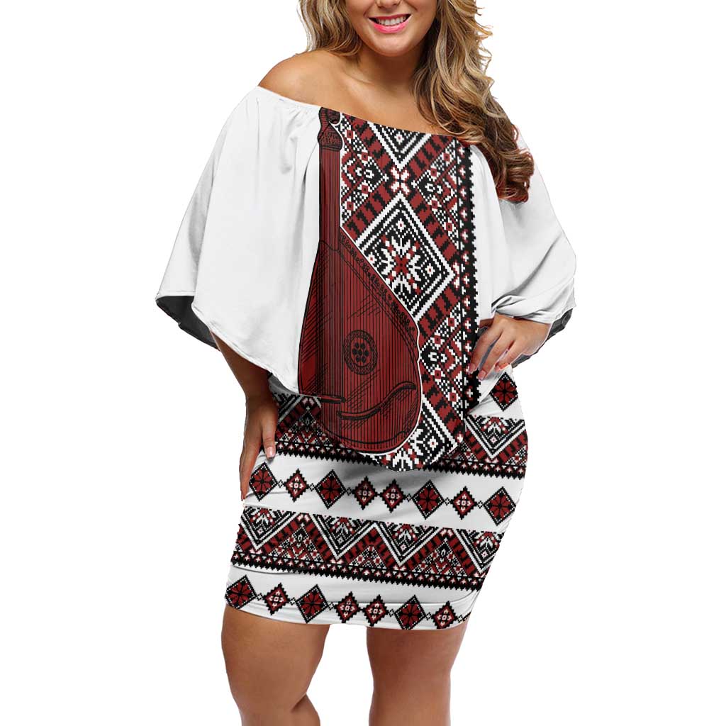 Ukraine Bandura Vyshyvanka Pattern Off Shoulder Short Dress Ukrainian Heritage Folk White Version - Wonder Print Shop