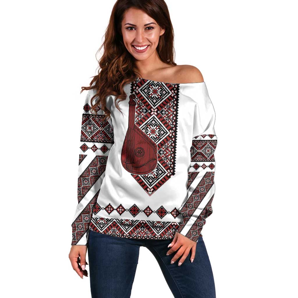 Ukraine Bandura Vyshyvanka Pattern Off Shoulder Sweater Ukrainian Heritage Folk White Version - Wonder Print Shop