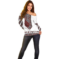 Ukraine Bandura Vyshyvanka Pattern Off Shoulder Sweater Ukrainian Heritage Folk White Version - Wonder Print Shop