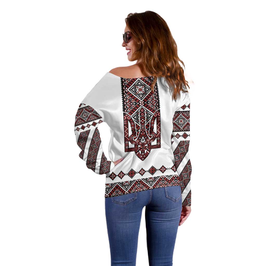 Ukraine Bandura Vyshyvanka Pattern Off Shoulder Sweater Ukrainian Heritage Folk White Version - Wonder Print Shop