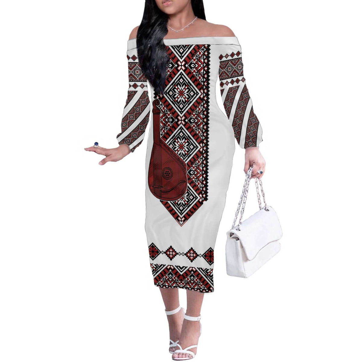 Ukraine Bandura Vyshyvanka Pattern Off The Shoulder Long Sleeve Dress Ukrainian Heritage Folk White Version - Wonder Print Shop