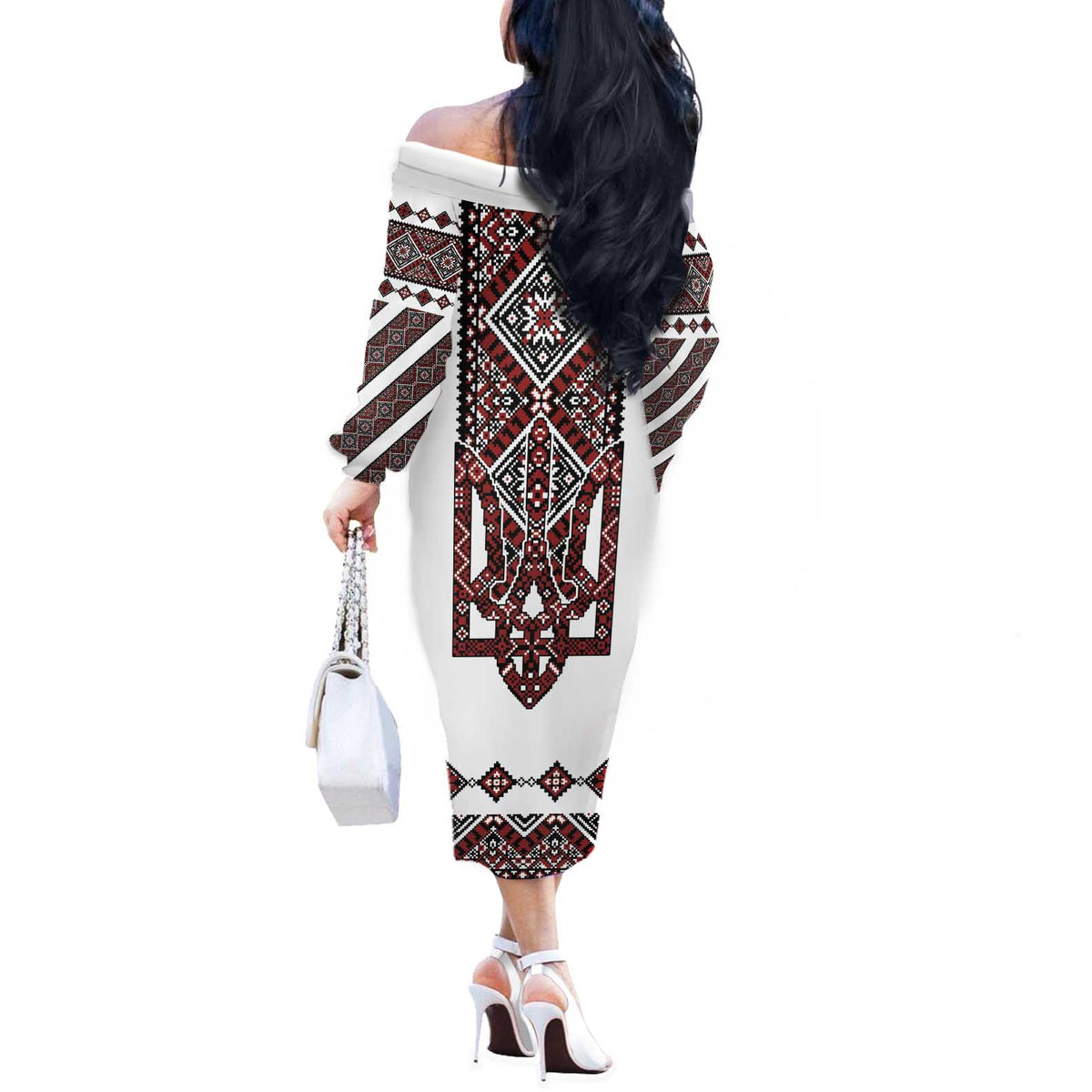 Ukraine Bandura Vyshyvanka Pattern Off The Shoulder Long Sleeve Dress Ukrainian Heritage Folk White Version - Wonder Print Shop