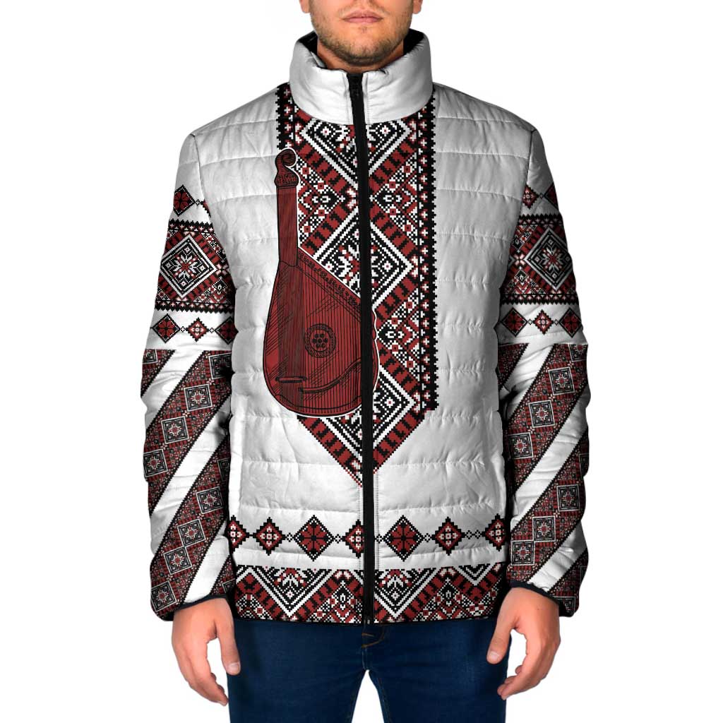 Ukraine Bandura Vyshyvanka Pattern Padded Jacket Ukrainian Heritage Folk White Version - Wonder Print Shop
