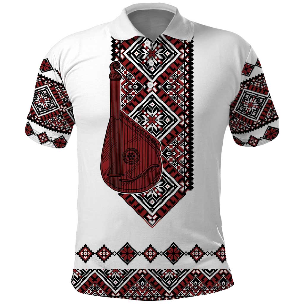Ukraine Bandura Vyshyvanka Pattern Polo Shirt Ukrainian Heritage Folk White Version - Wonder Print Shop