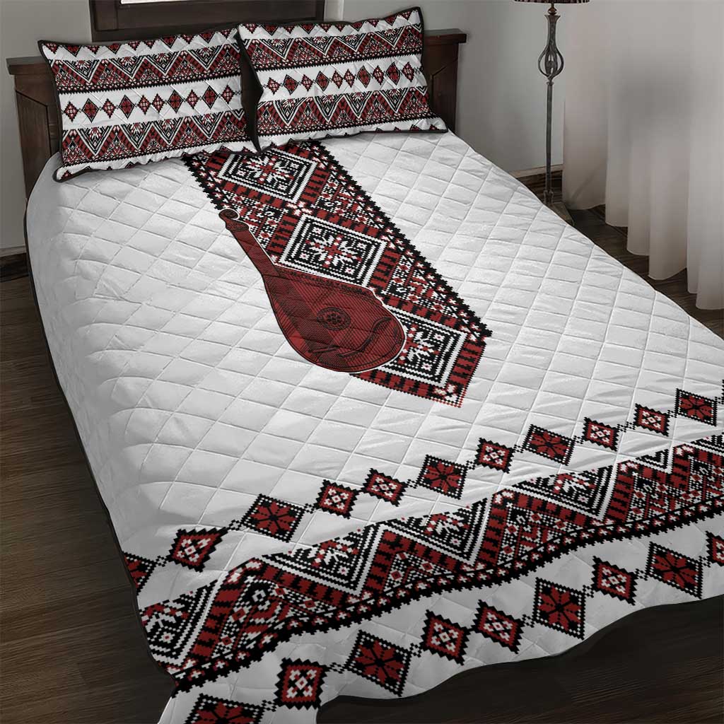 Ukraine Bandura Vyshyvanka Pattern Quilt Bed Set Ukrainian Heritage Folk White Version - Wonder Print Shop