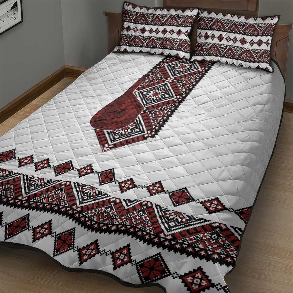 Ukraine Bandura Vyshyvanka Pattern Quilt Bed Set Ukrainian Heritage Folk White Version - Wonder Print Shop