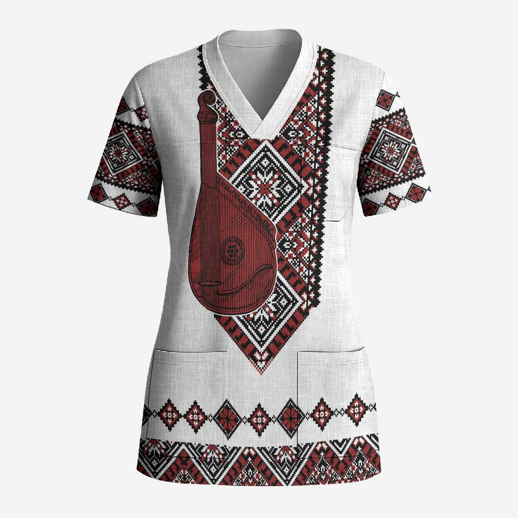 Ukraine Bandura Vyshyvanka Pattern Scrub Top Ukrainian Heritage Folk White Version - Wonder Print Shop