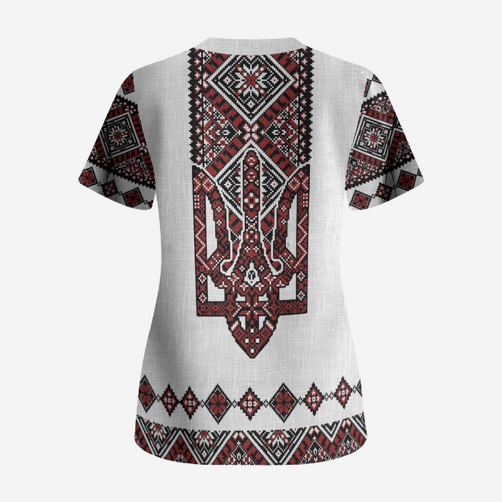Ukraine Bandura Vyshyvanka Pattern Scrub Top Ukrainian Heritage Folk White Version - Wonder Print Shop