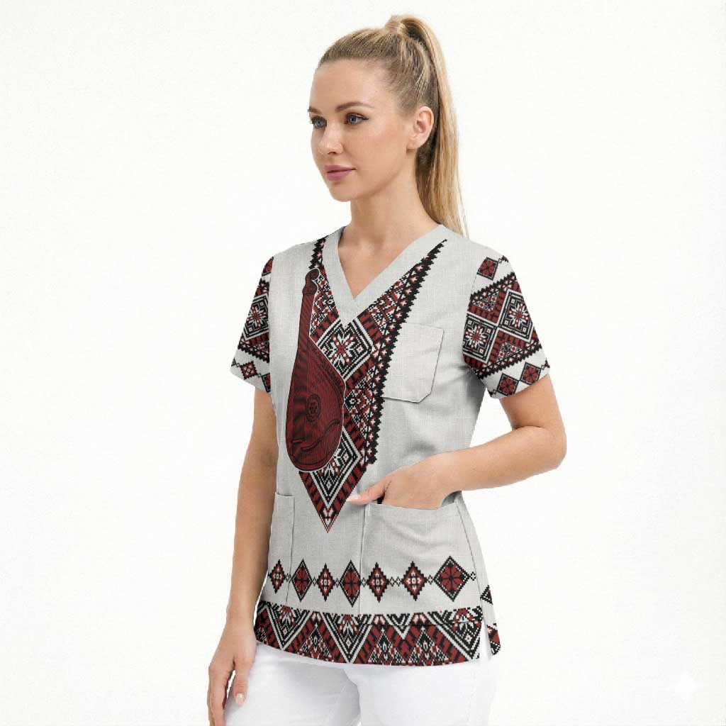 Ukraine Bandura Vyshyvanka Pattern Scrub Top Ukrainian Heritage Folk White Version - Wonder Print Shop