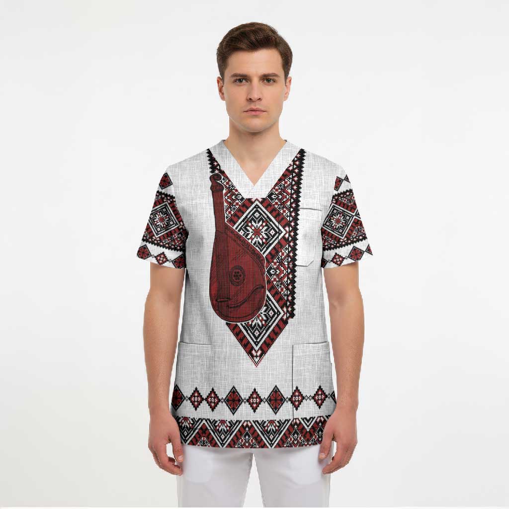Ukraine Bandura Vyshyvanka Pattern Scrub Top Ukrainian Heritage Folk White Version - Wonder Print Shop