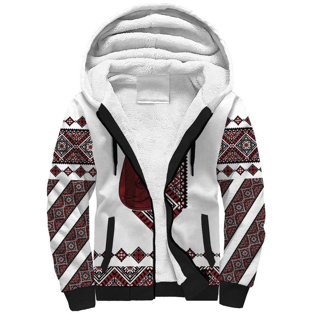Ukraine Bandura Vyshyvanka Pattern Sherpa Hoodie Ukrainian Heritage Folk White Version - Wonder Print Shop