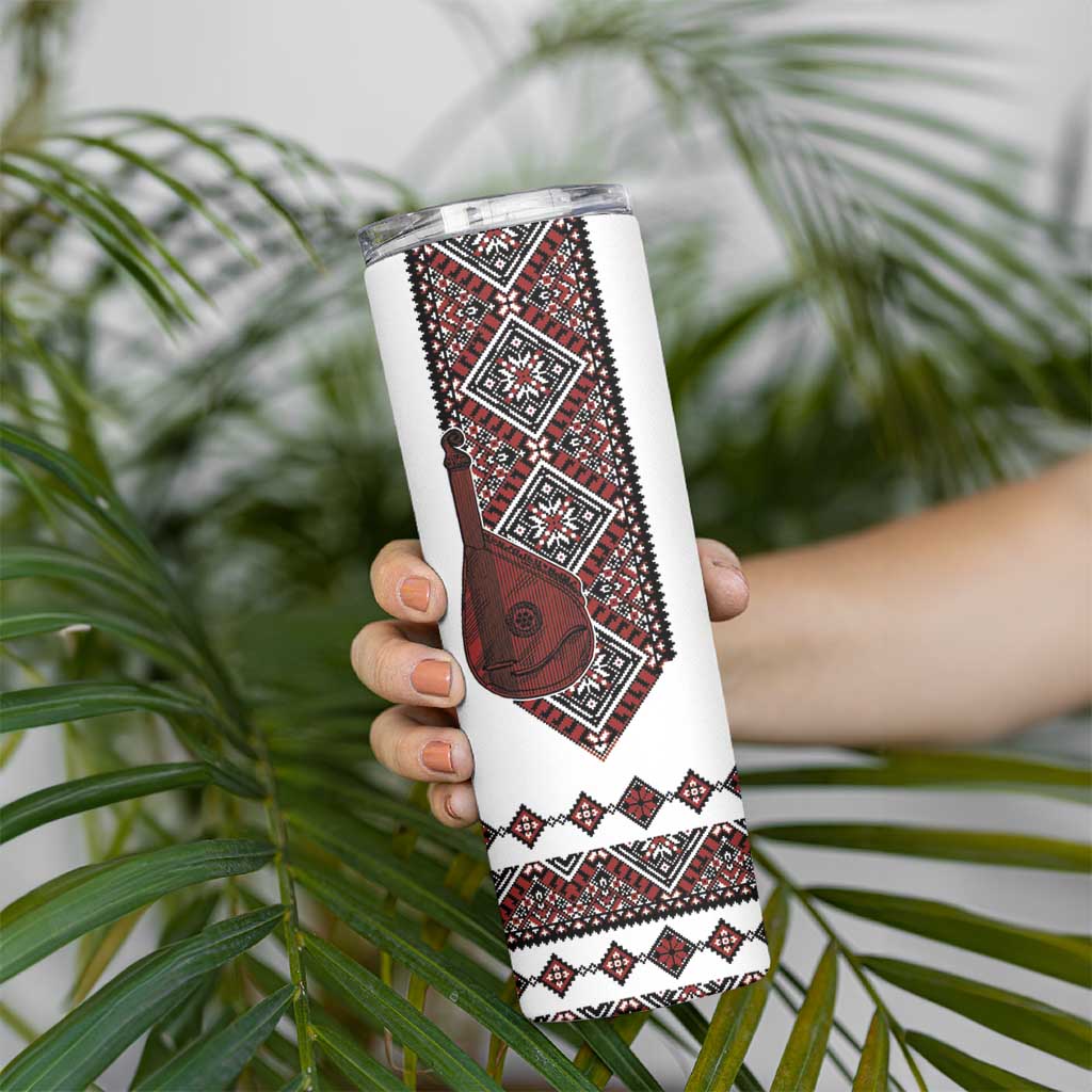 Ukraine Bandura Vyshyvanka Pattern Skinny Tumbler Ukrainian Heritage Folk White Version - Wonder Print Shop