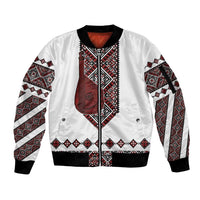 Ukraine Bandura Vyshyvanka Pattern Sleeve Zip Bomber Jacket Ukrainian Heritage Folk White Version - Wonder Print Shop