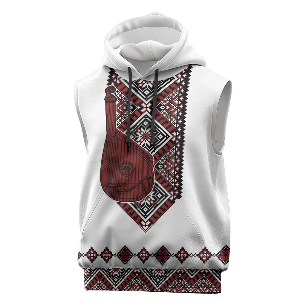 Ukraine Bandura Vyshyvanka Pattern Sleeveless Hoodie Ukrainian Heritage Folk White Version - Wonder Print Shop