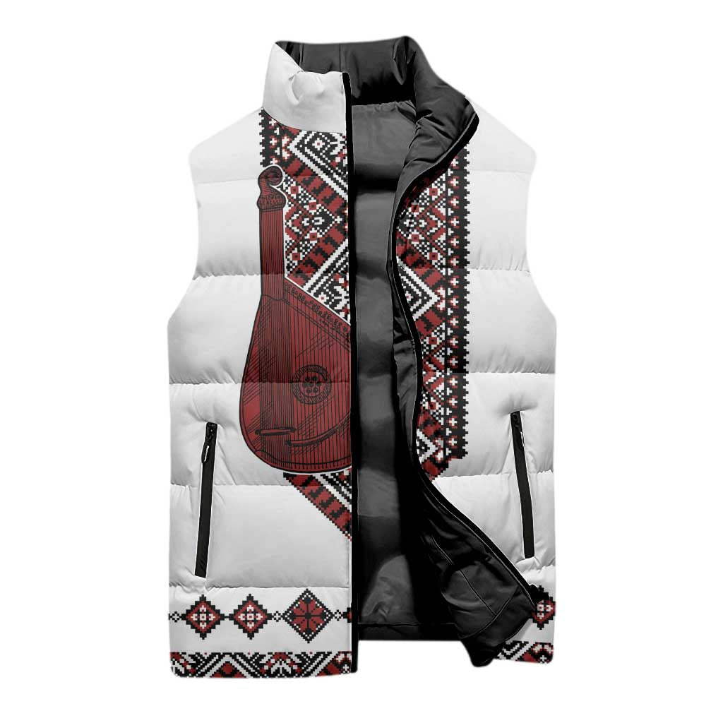 Ukraine Bandura Vyshyvanka Pattern Sleeveless Puffer Jacket Ukrainian Heritage Folk White Version - Wonder Print Shop