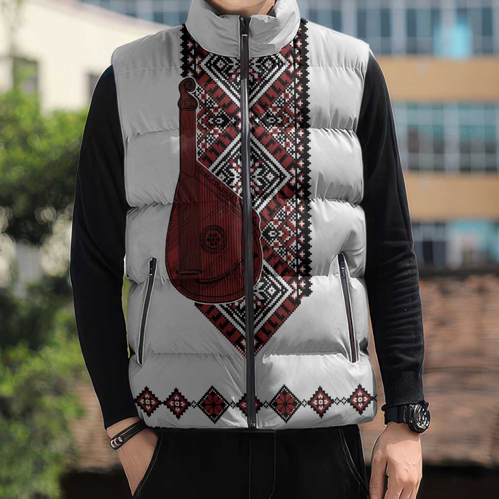 Ukraine Bandura Vyshyvanka Pattern Sleeveless Puffer Jacket Ukrainian Heritage Folk White Version - Wonder Print Shop