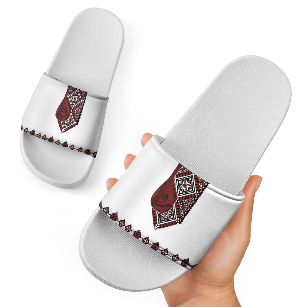 Ukraine Bandura Vyshyvanka Pattern Slide Sandals Ukrainian Heritage Folk White Version - Wonder Print Shop