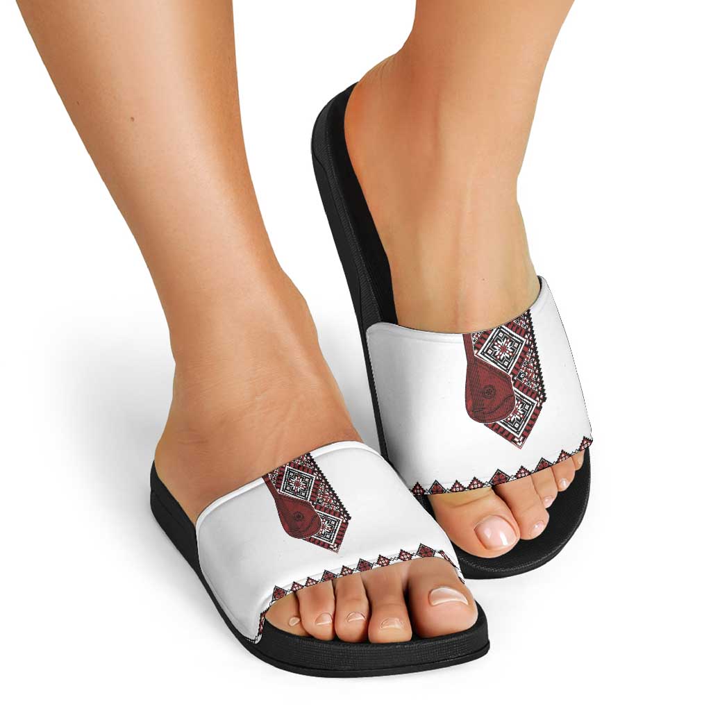 Ukraine Bandura Vyshyvanka Pattern Slide Sandals Ukrainian Heritage Folk White Version - Wonder Print Shop
